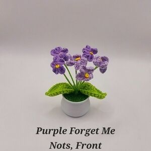 Crocheted Handmade Spring Flowers In Mini Pot W/Grass, Purple Forget Me Nots